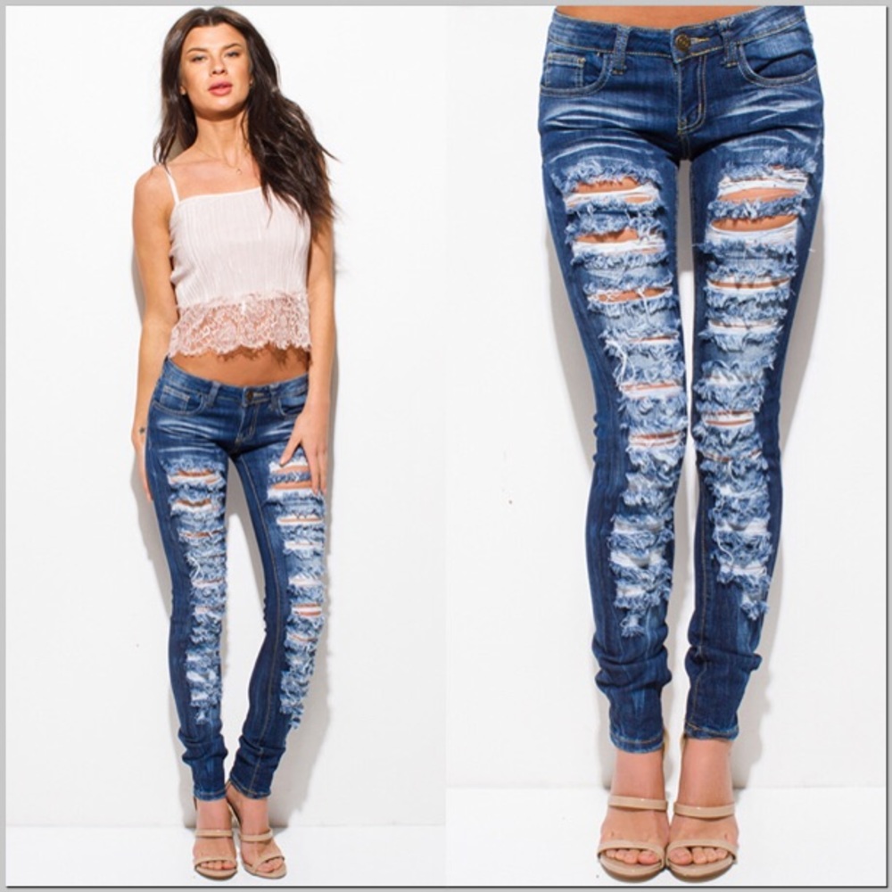 NEW Low-Rise Destroyed Denim Skinny Jeans - Picture 2 of 4